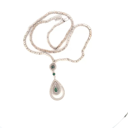 Natural Emerald & Diamond Double Halo Drop Necklace Set in 14K White Gold