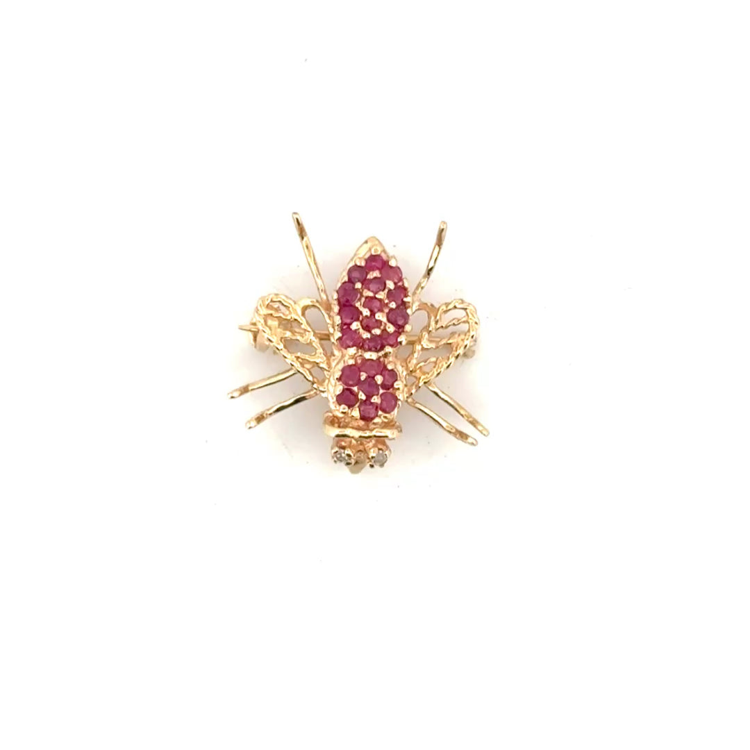 Natural Ruby & Diamond Bug Pin Set in 10K Yellow Gold