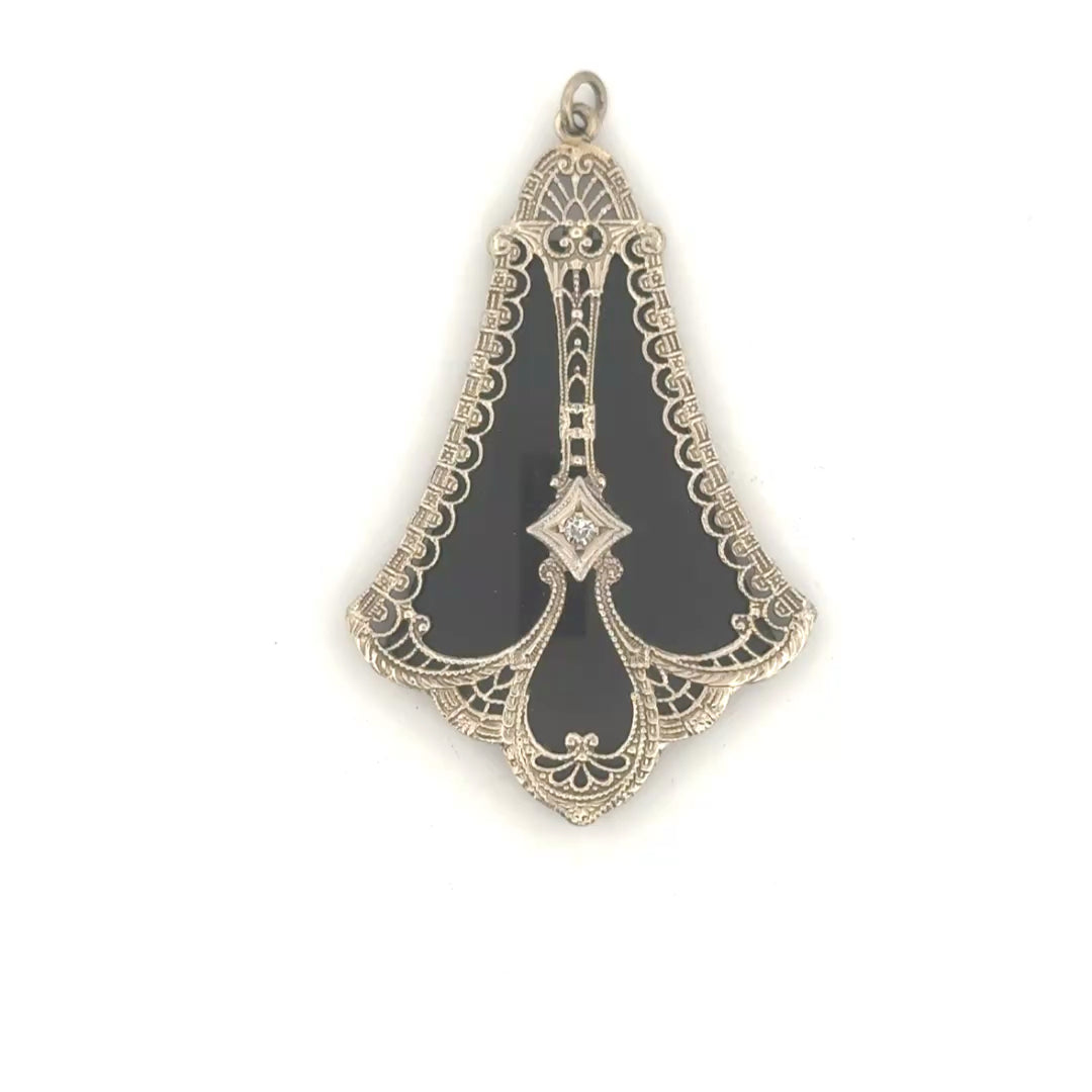 Vintage Filigree Pendant with Black Onyx & Old Euro Cut Diamonds Set in 14K White Gold