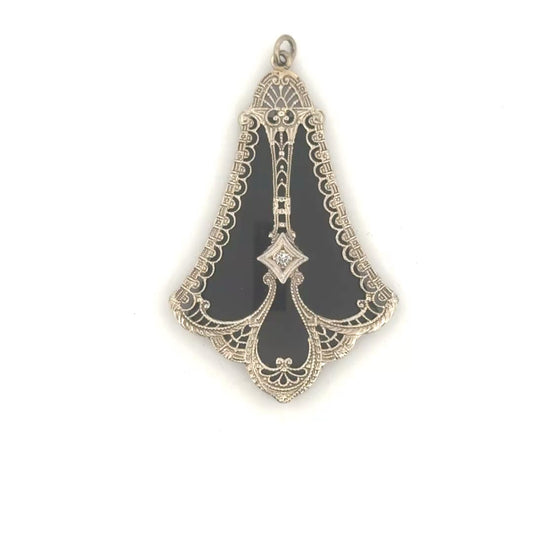 Vintage Filigree Pendant with Black Onyx & Old Euro Cut Diamonds Set in 14K White Gold