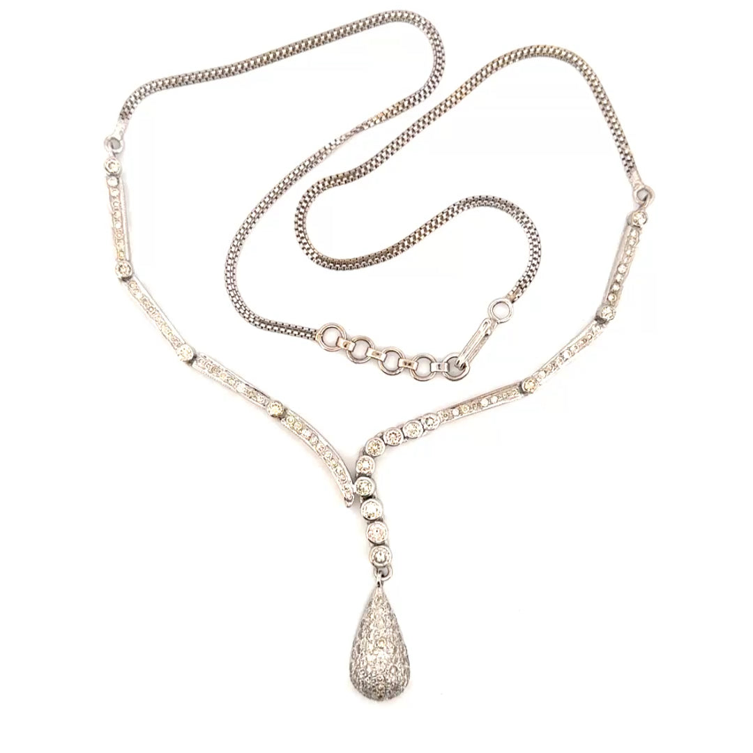 Pave Set Assymetrical Tear Drop Necklace Featuring 2cttw. of Natural Diamonds in 14K White Gold