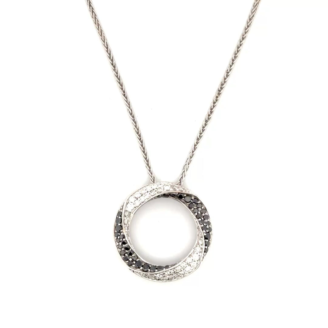 White & Black Diamond Circle Pendant Set in 14K White Gold on 14K White Gold Chain