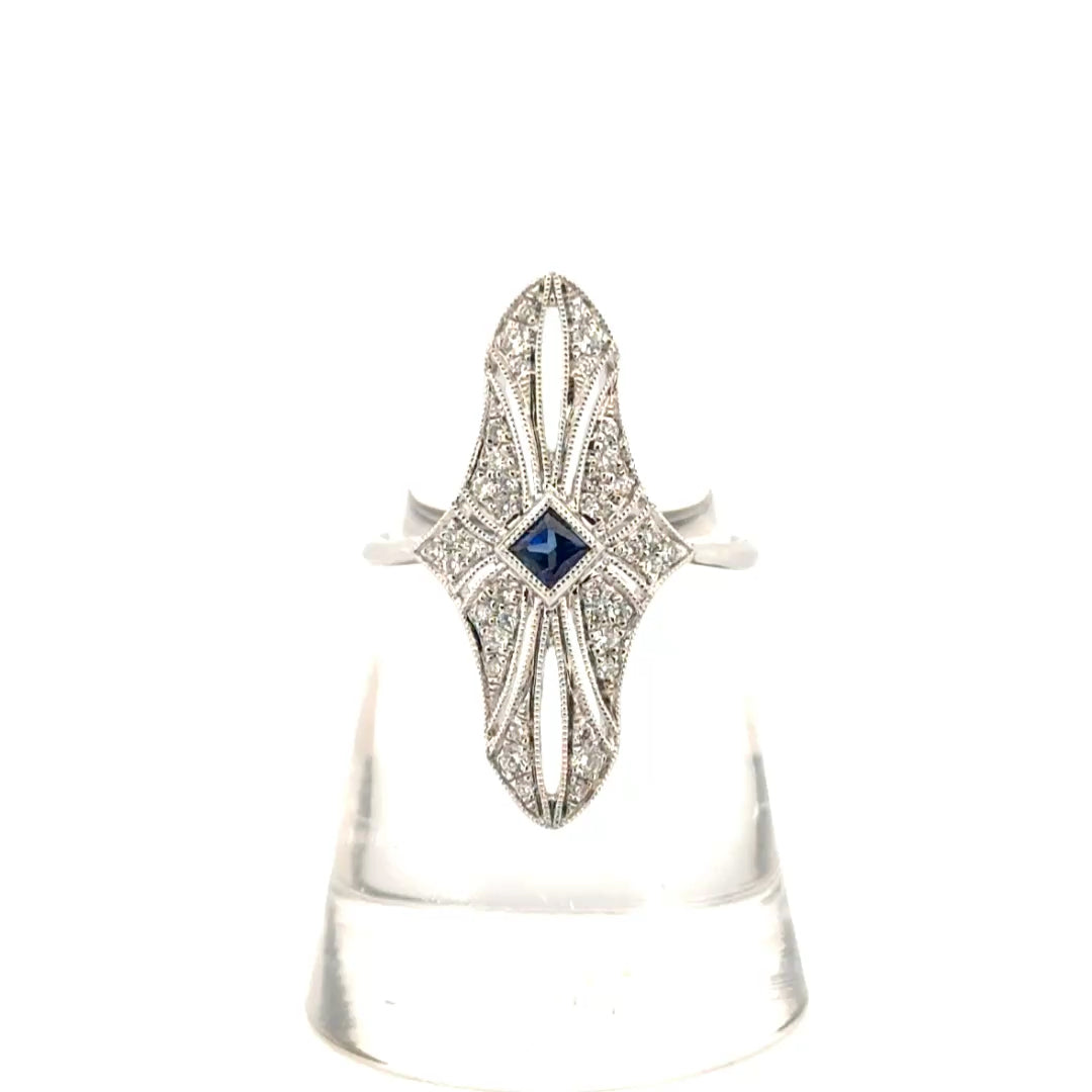 Natural Diamond & Sapphire Vintage Style Ring in 14K White Gold