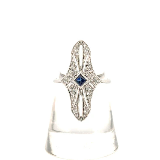 Natural Diamond & Sapphire Vintage Style Ring in 14K White Gold