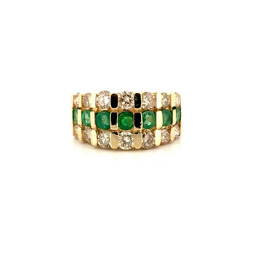Natural Emerald & Diamond Fashion Estate Ring in 14K Yellow Gold