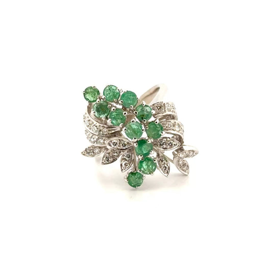 Natural Diamond & Emerald Fashion Ring in 14K White Gold