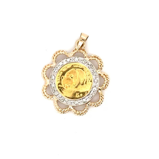 1/20oz Panda Coin Pendant in 14K Yellow Gold Diamond Bezel
