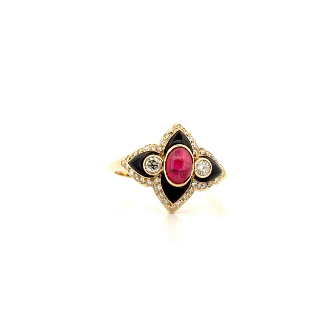 Natural Ruby & Black Onyx Fleur-De-Lis Style Ring in 14K Yellow Gold Sz 7