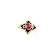 Natural Ruby & Black Onyx Fleur-De-Lis Style Ring in 14K Yellow Gold Sz 7