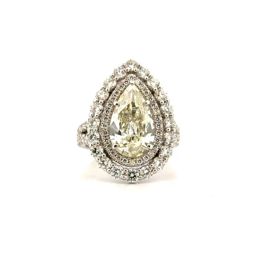 3.37ct. Pear Shape Platinum Engagement Ring in Double Halo Split Shank Totalling 5.24cts. of Natural Diamonds