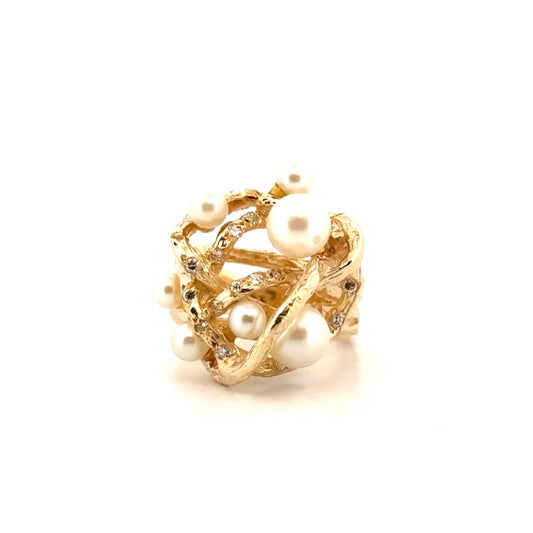 Culture Akoya Pearl Textured Swirl Design Statement Ring in 14K Yellow Gold