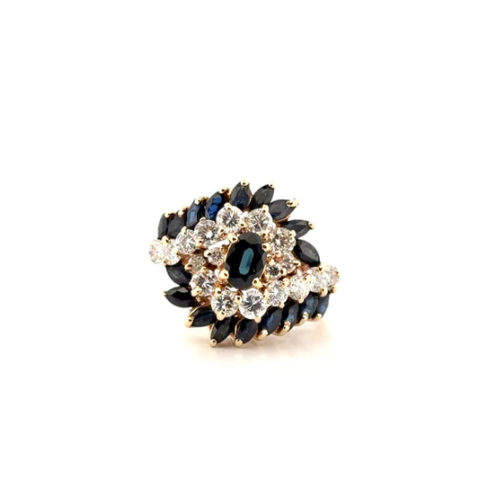 Blue Sapphire & Diamond Bypass Swirl Fashion Ring in 14K Yellow Gold