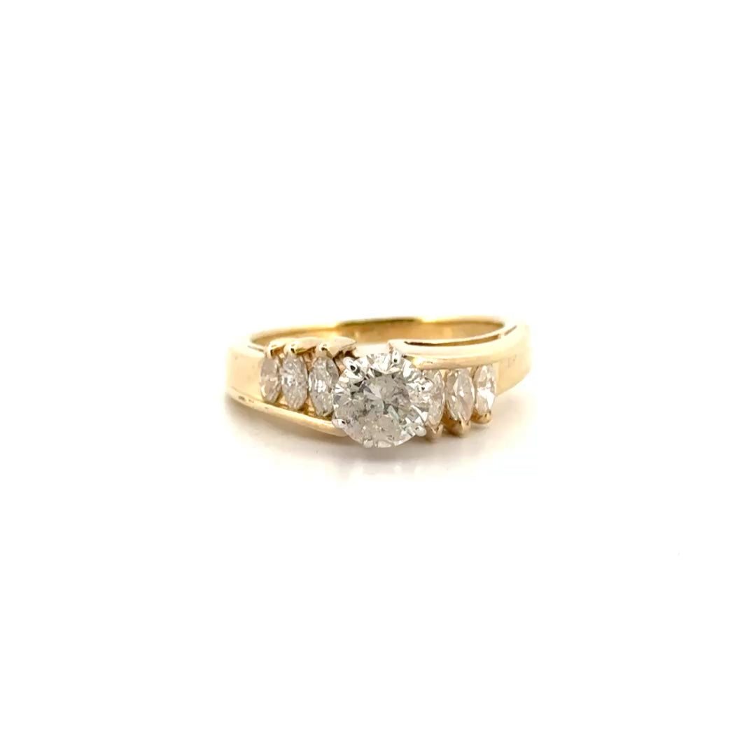 1.23cttw. Natural Round (laser drilled) Diamond & Marquise Engagement Ring in 14K Yellow Gold