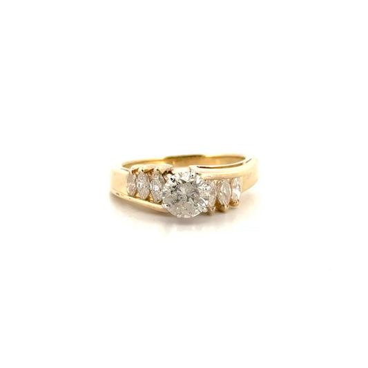 1.23cttw. Natural Round (laser drilled) Diamond & Marquise Engagement Ring in 14K Yellow Gold