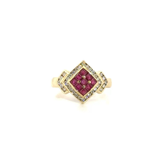 Natural Diamond & Ruby Geometric Ring in 14K Yellow Gold