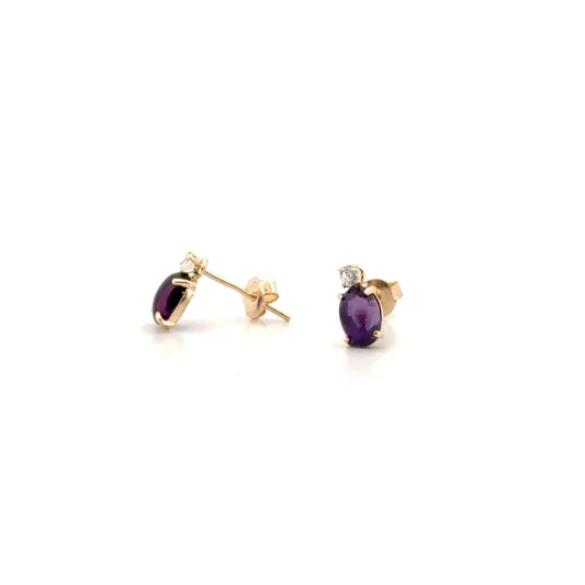 Amethyst Cabachon & Diamond Ear Studs in 14K Yellow Gold