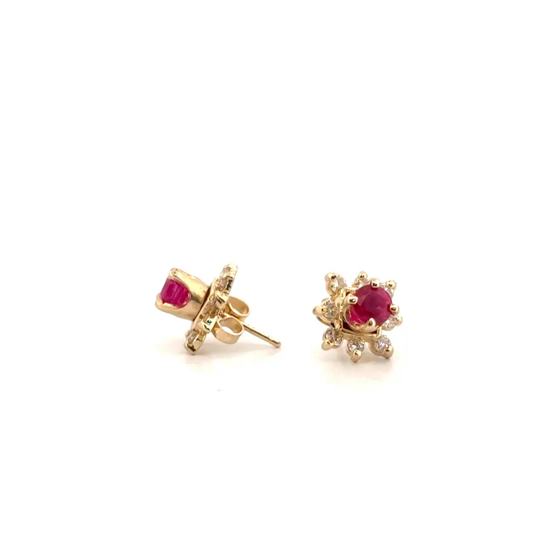 Natural Ruby Ear Studs with Diamond Jacket in 14K Yellow Gold