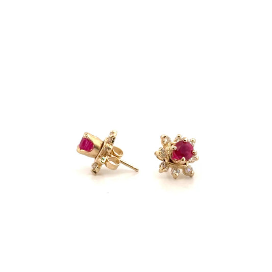 Natural Ruby Ear Studs with Diamond Jacket in 14K Yellow Gold