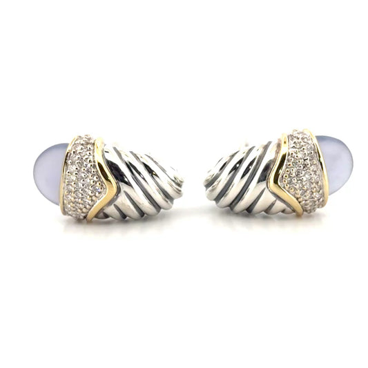 David Yurman Chalcedony & Natural Diamond Cable Huggie Earrings in 925 Sterling Silver with 18K Yellow Gold Accents