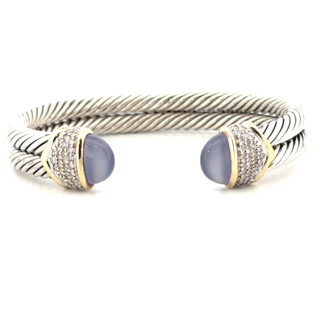 David Yurman Chalcedony & Diamond Double Cable Bangle in 925 Sterling Silver with 18K Yellow Gold Accents