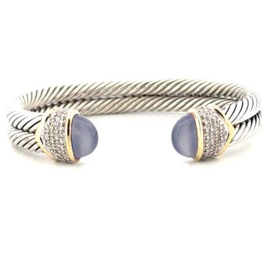 David Yurman Chalcedony & Diamond Double Cable Bangle in 925 Sterling Silver with 18K Yellow Gold Accents