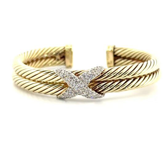 David Yurman Double Cable Pave Diamond X Cuff 14K Solid Gold Bangle with Natural Diamonds