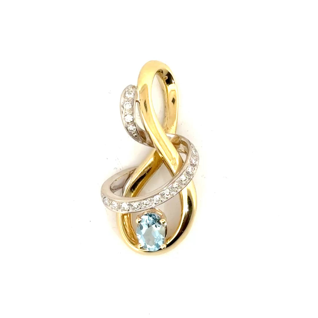 Natural Diamond & Aquamarine Pendant in Two Tone 18K Yellow & White Gold