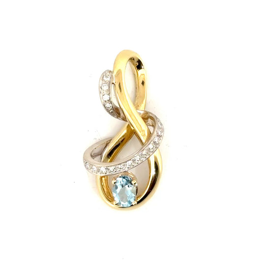 Natural Diamond & Aquamarine Pendant in Two Tone 18K Yellow & White Gold