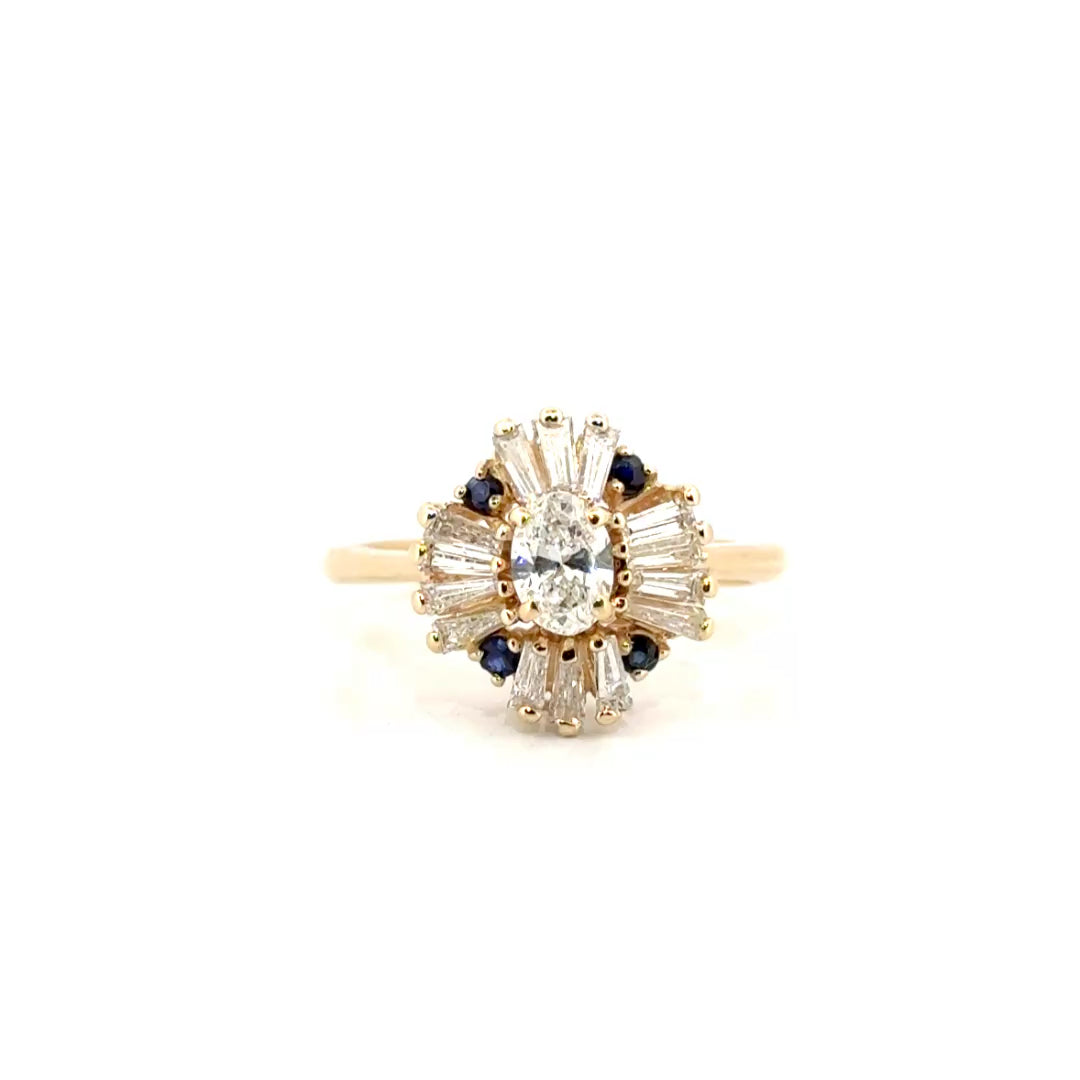 Approx .65ct Natural Diamond Oval with Diamond Baguette & Sapphire Accents in 14K Yellow Gold Sz 9.5