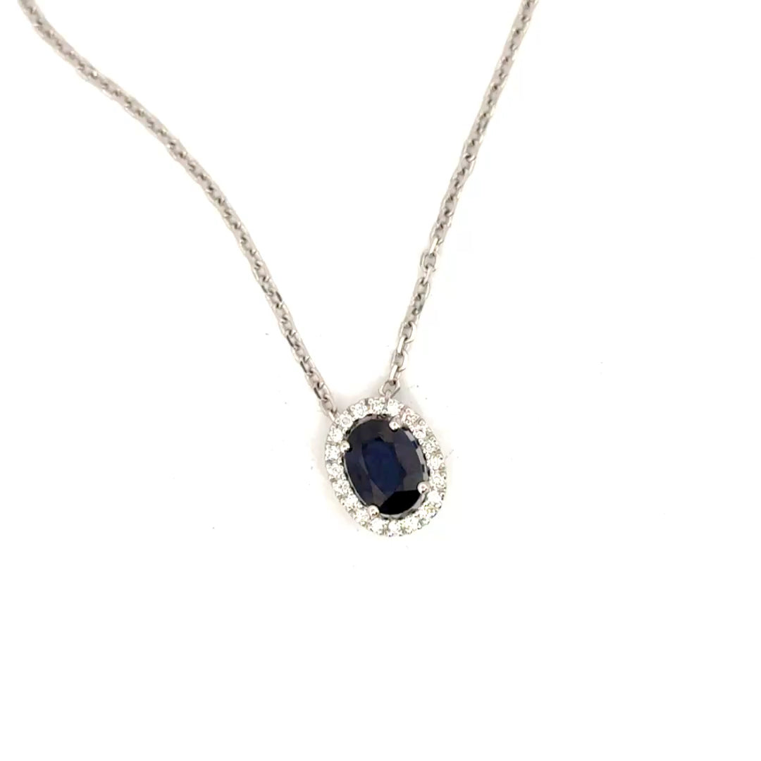 Oval Cut Sapphire in Diamond Halo on 14K White Gold Chain
