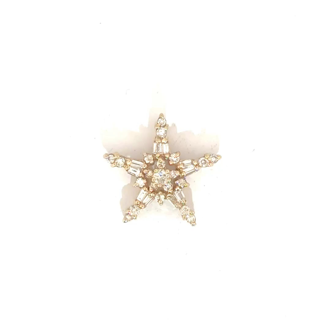 Natural Round & Baguette Diamond Star Pendant in 14K Yellow Gold