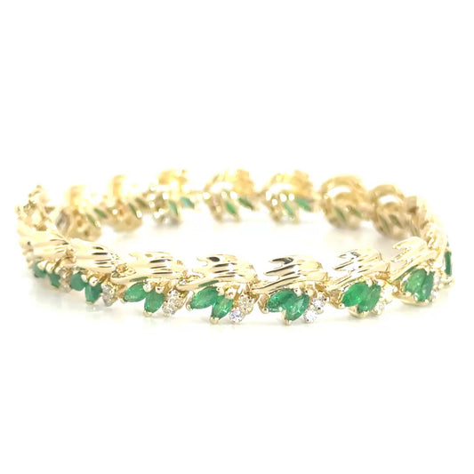 Natural Emerald & Diamond Bracelet in 14K Yellow Gold