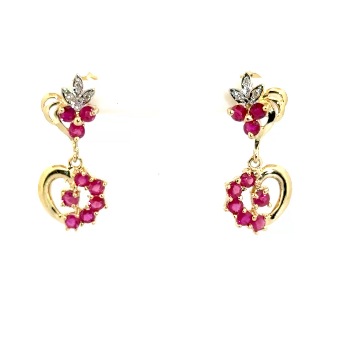 Ruby & Diamond Drop Style Earrings in 14K Yellow Gold