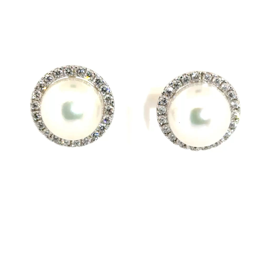 Cultured Pearl Earrings in Lab Grown Diamond Halo Set in 14K White Gold
