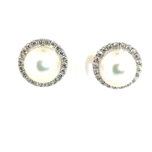 Cultured Pearl Earrings in Lab Grown Diamond Halo Set in 14K White Gold