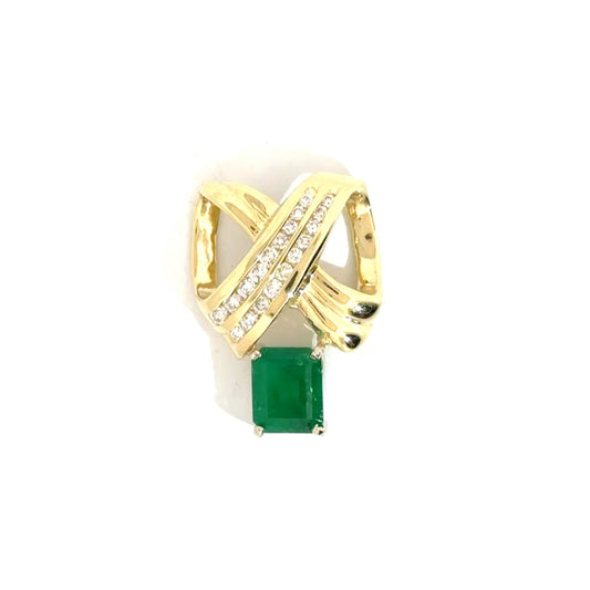 Natural Emerald & Diamond X Design Enhancer Pendant in 14K Yellow Gold