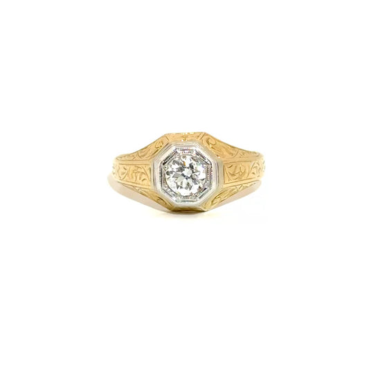 Diamond Solitaire Signet Style Engraved Ring in 14K Yellow Gold with a .60ct Natural G VS1 Diamond