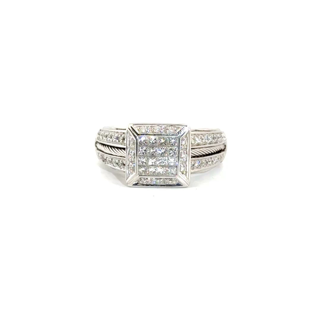 Charriol Flamme Blanche Natural Diamond Halo Style Cable Design Ring in 18K White Gold