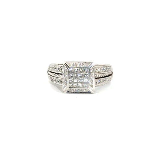 Charriol Flamme Blanche Natural Diamond Halo Style Cable Design Ring in 18K White Gold