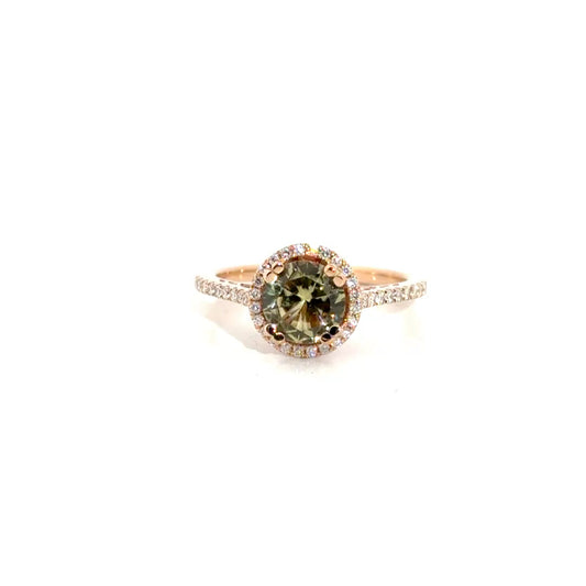 Natural Diamond & Epidote Halo Cathedral Style Ring in 14K Rose Gold