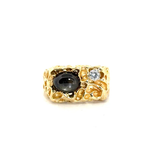 Natural Black Star Sapphire & Diamond Nugget Style Ring in 14K Yellow Gold