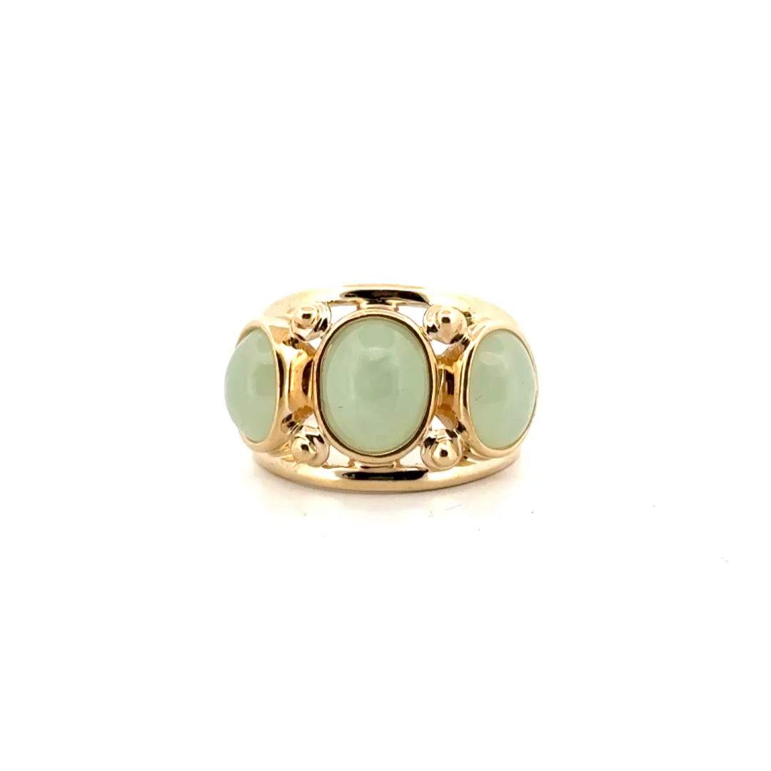 Trinity Style Oval Jade Cabochon Open Shank Ring in 14K Yellow Gold