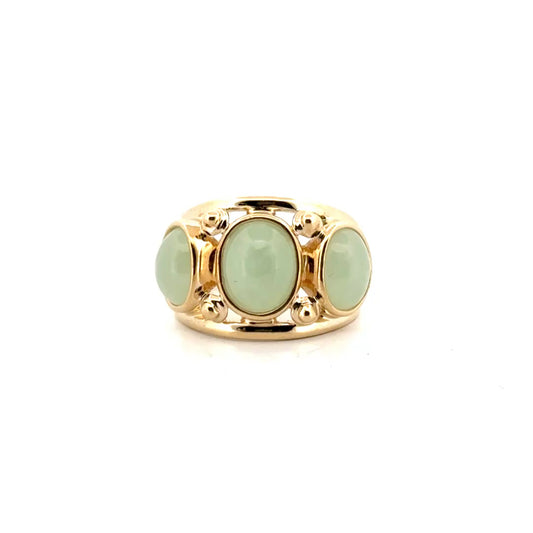Trinity Style Oval Jade Cabochon Open Shank Ring in 14K Yellow Gold
