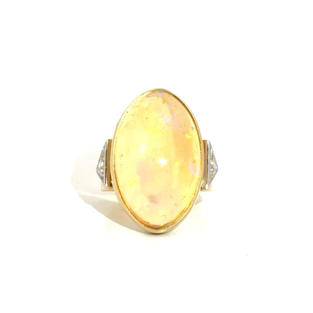 Oval Cabochon Cut Opal with 1cttw. Triangle Cut Diamond in 14K Yellow Gold Sz 3