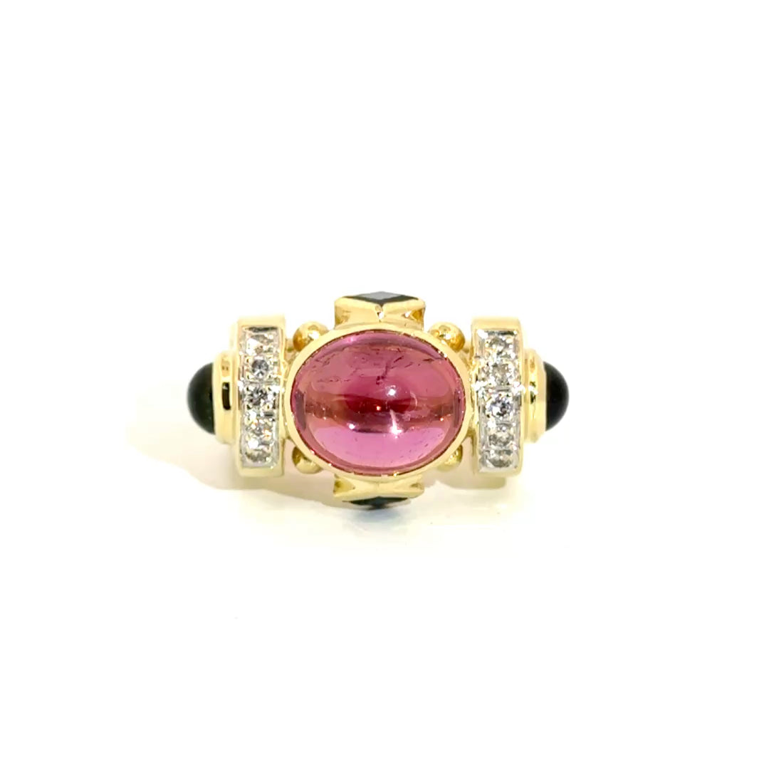 Oval Cabachon Cut Pink Tourmaline with Blue Sapphire & Green Tourmaline Accents in 14K Yellow Gold Sz 6