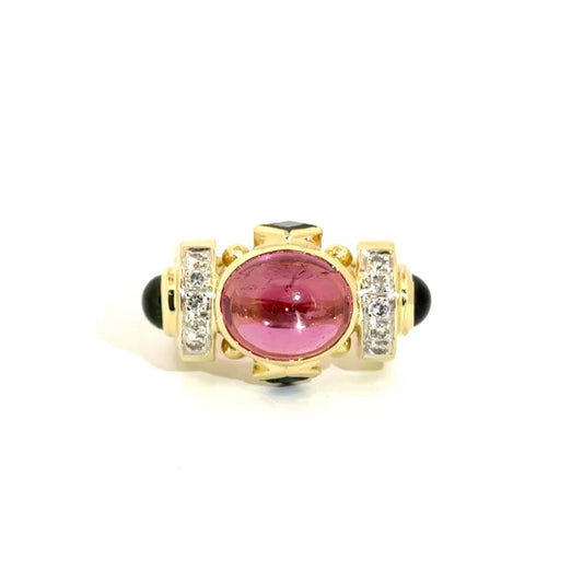 Oval Cabachon Cut Pink Tourmaline with Blue Sapphire & Green Tourmaline Accents in 14K Yellow Gold