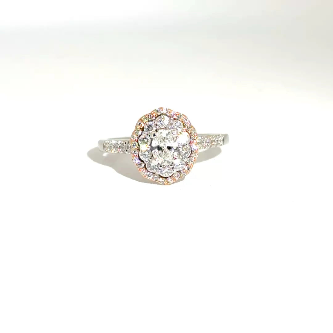 Natural Oval Cut Diamond Engagement Ring in 14K White Gold with Rose Gold Accent Halo