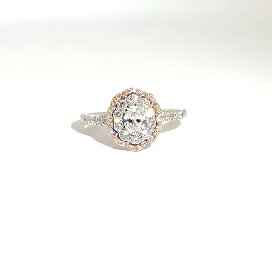 Natural Oval Cut Diamond Engagement Ring in 14K White Gold with Rose Gold Accent Halo