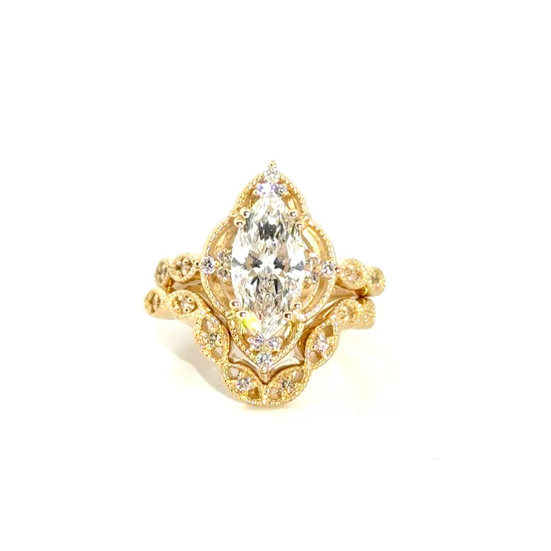 2.04ct. E VS1 Lab Grown Marquise in Antique Style Mounting with Matching Band in 14K Yellow Gold Sz 7