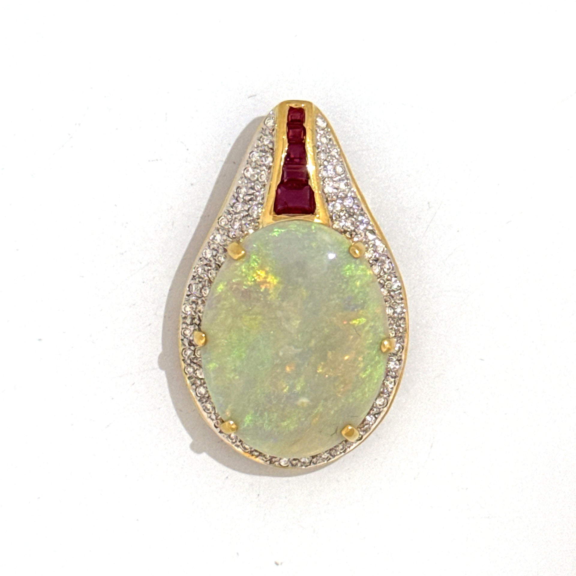 Oval Cabochon Cut Opal Pendant with Natural Ruby & Diamond Accents in 18K Yellow Gold